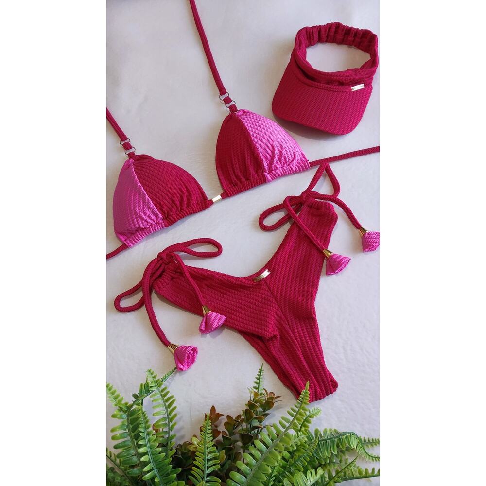 Brazilian Bikini and Visor set Red and Pink Adjustable size M